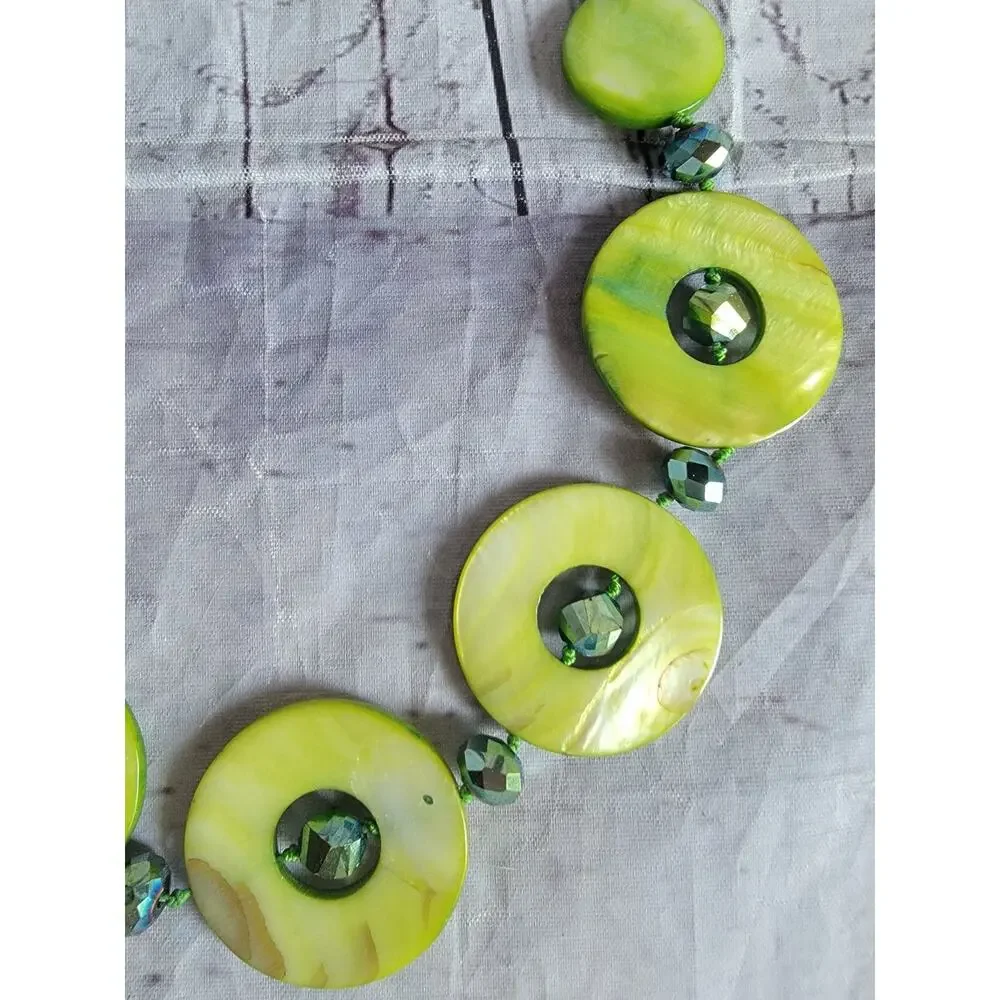Pea Green Round Shell Necklace Chime round statement Piece Matching Earrings